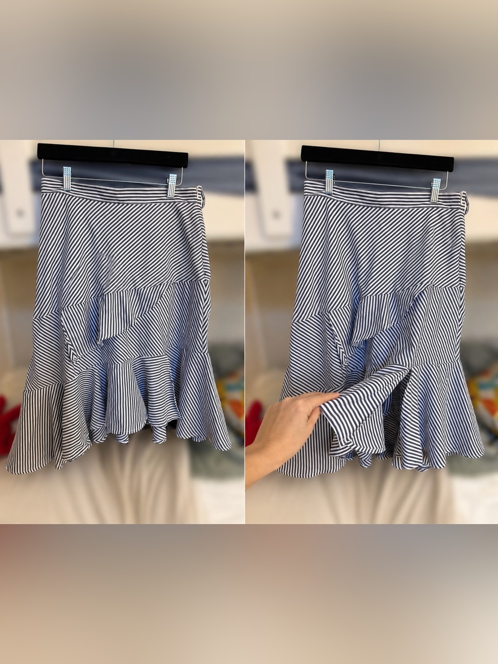 Navy & White Striped Ruffle Midi Skirt Elegant Feminine Size L - Picture 4 of 5